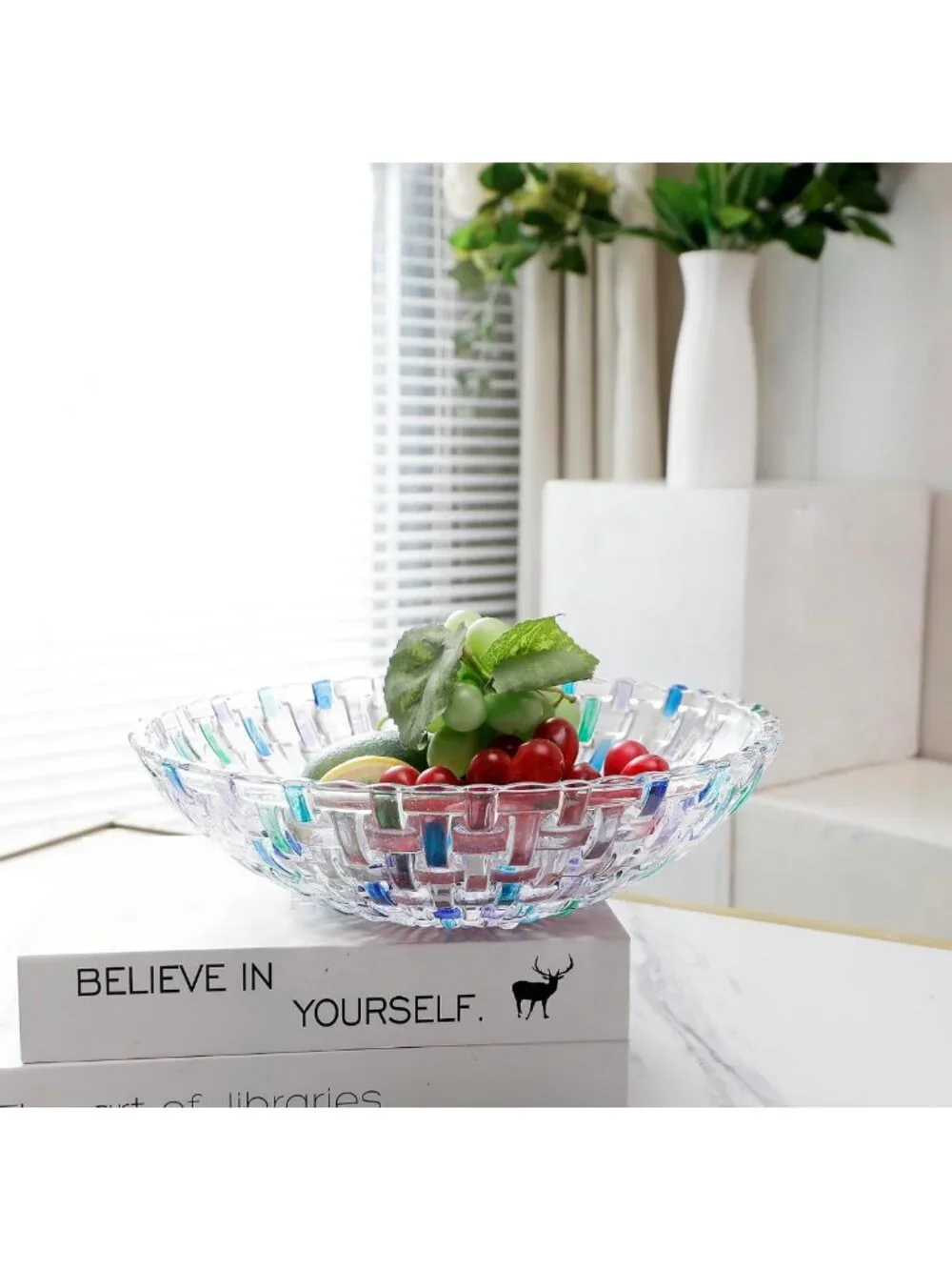 Hand Painted Blue Woven Glass Crystal Bowl - Decorative Centerpiece for Home